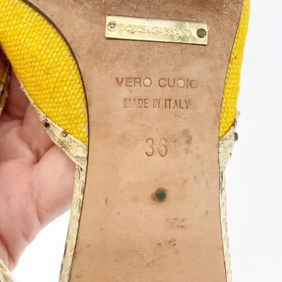 Dolce & Gabbana Retro Yellow Canvas Snakeskin Peep Toe Kitten Heel Mules IT 36 - Picture 11 of 11